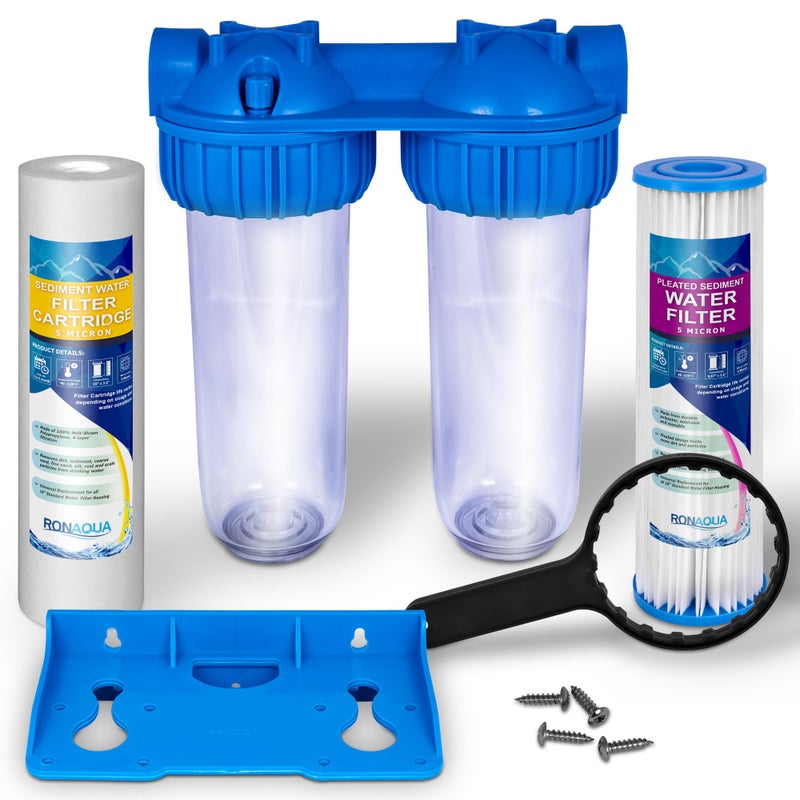 Ronaqua Dual Whole House Water Filter System, Transparent Standard Housings, Presser Relief Button, 3/4â€ Inlet/Outlet Brass Port, Meets NSF Standards & Regulations (5 Mic Pleated & Standard Sediment Filters) - Image 1